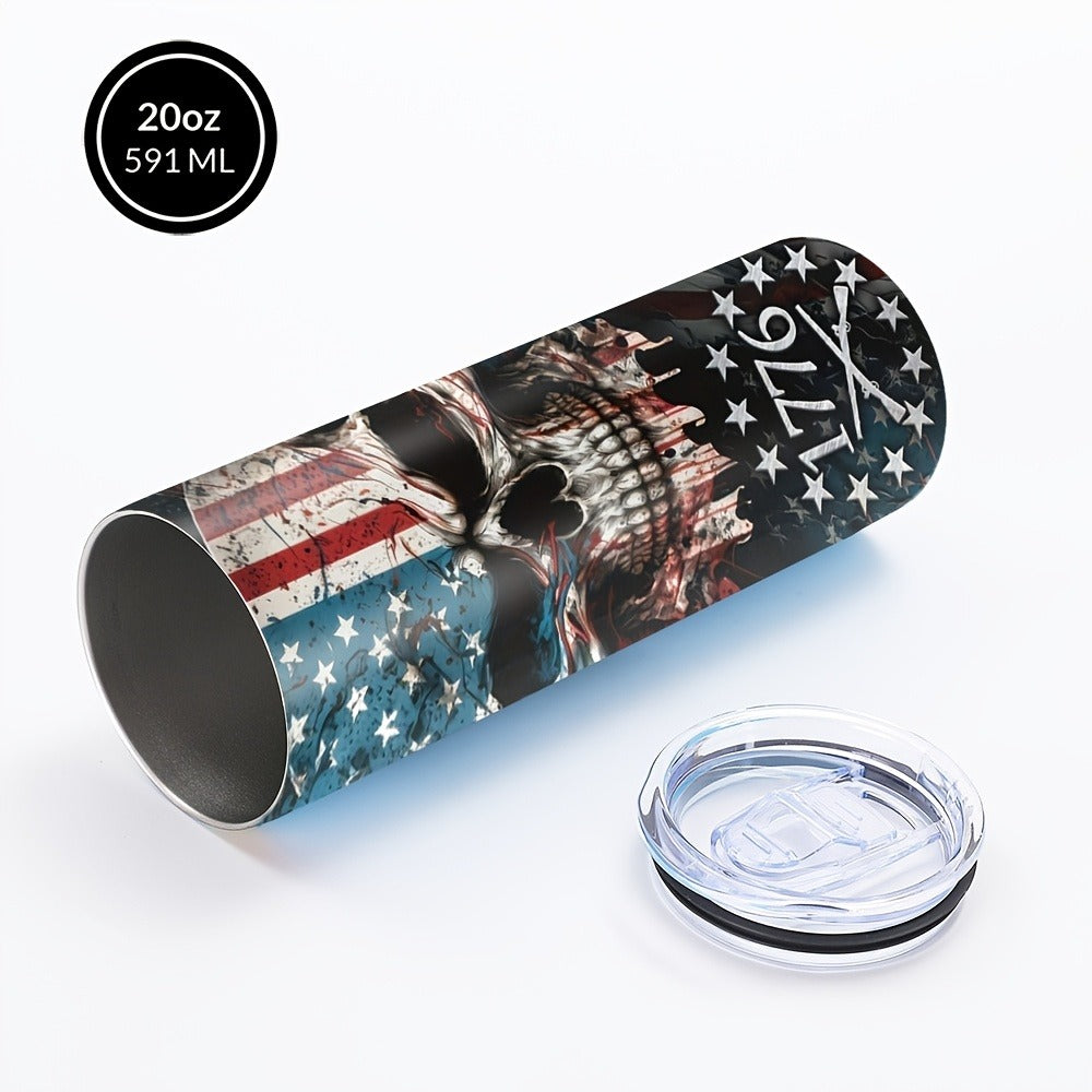Skull Tumbler 20oz Patriotic Skull Pattern Stainless Steel Insulated Cup with Lid & Straw Travel Coffee Mug Hot Cold Drinks Gift Birthday Halloween Christmas