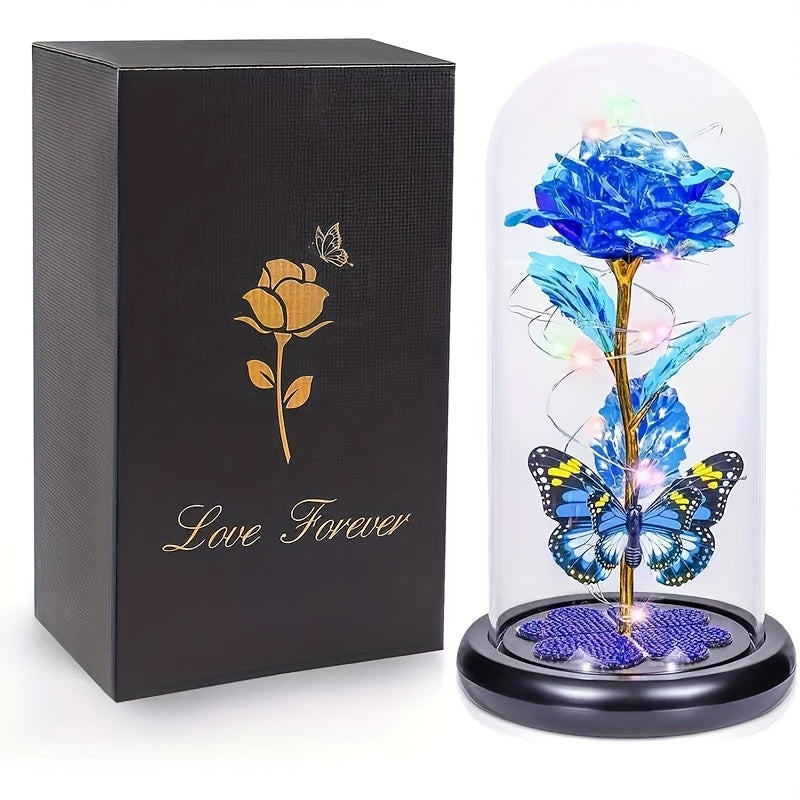 Glass Rose Crystal Flower in Glass Dome with LED Glow - Eternal Galaxy Rose Gift for Women, Mom, Wife, Daughter, Birthday Valentine's Day Mother's Day Gift, Butterfly Decor