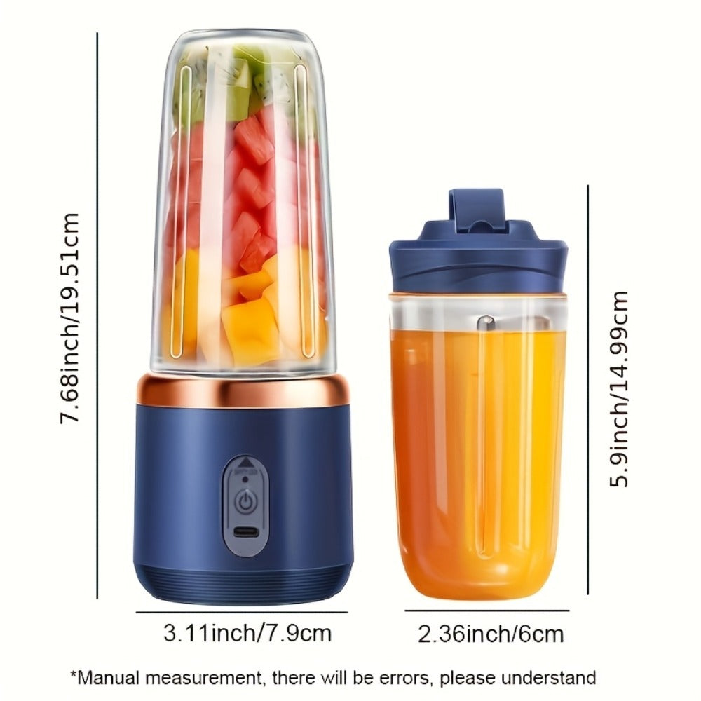 Portable Wireless Juicer Blender Double Cup - USB Rechargeable 6-Blade Mini Blender with 1500mAh Battery, Multifunctional Smoothie Maker for Home, Travel, Gym & Outdoor, Blue & Pink