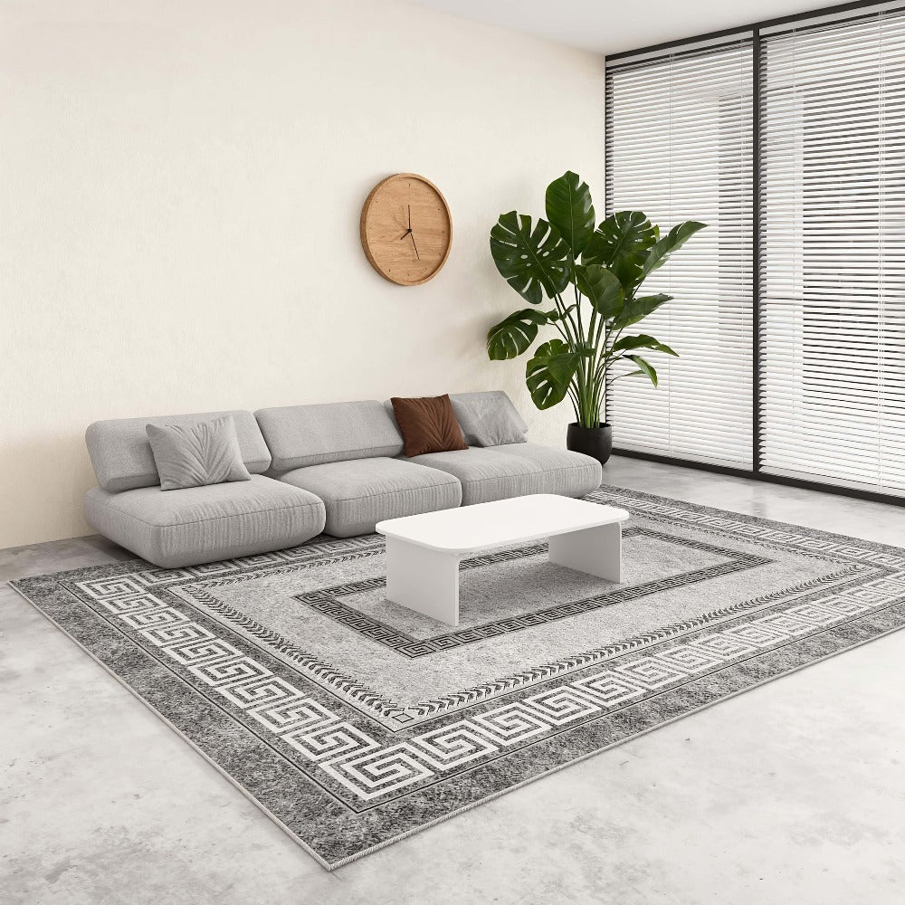 Persian Boho Area Rug - Luxury Crystal Velvet 850GSM Floral Pattern | Non-Slip Machine Washable 100% Polyester Carpet | Grey Black Marble Effect Living Room & Bedroom Rug for High Traffic Areas