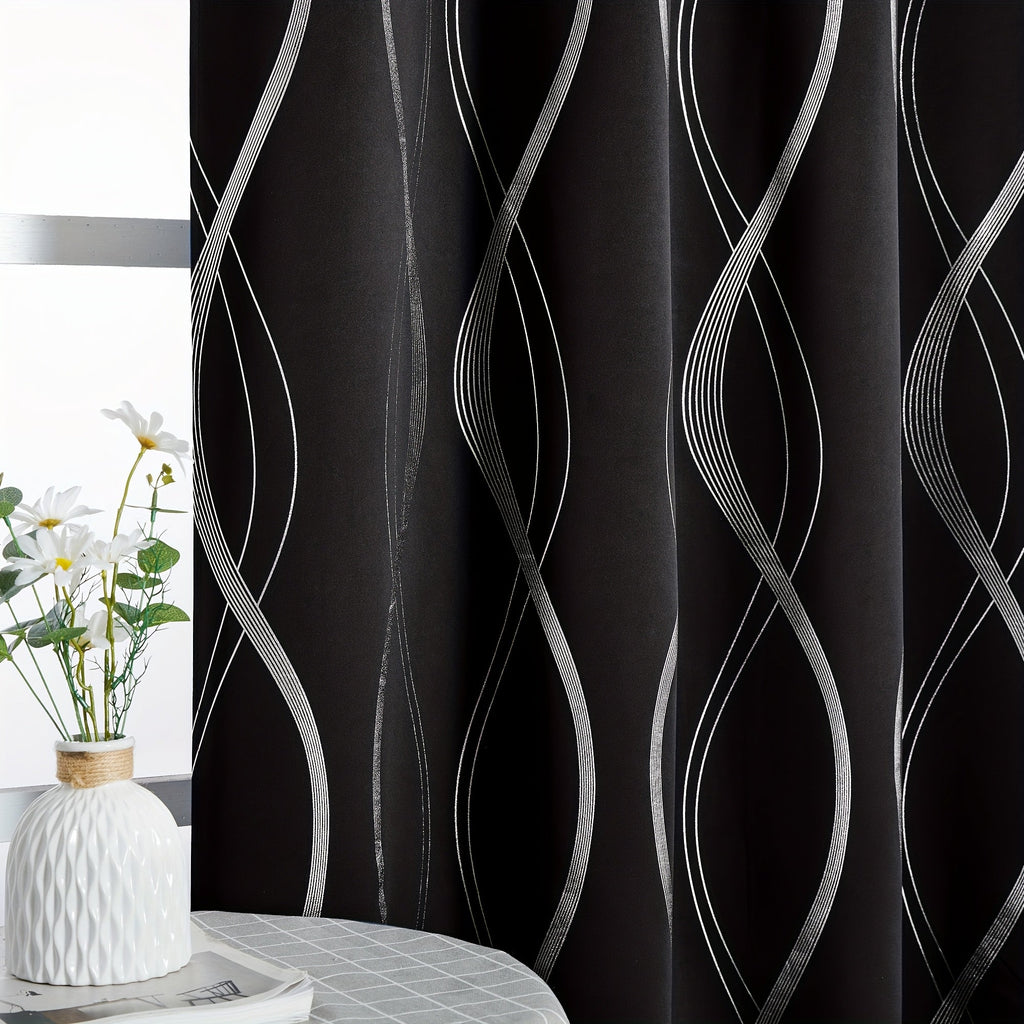 Thermal Insulated Blackout Curtains 2 Panels Wave Line Foil Print Noise Reducing Room Darkening Drapes for Bedroom Living Room Patio Sliding Glass Door