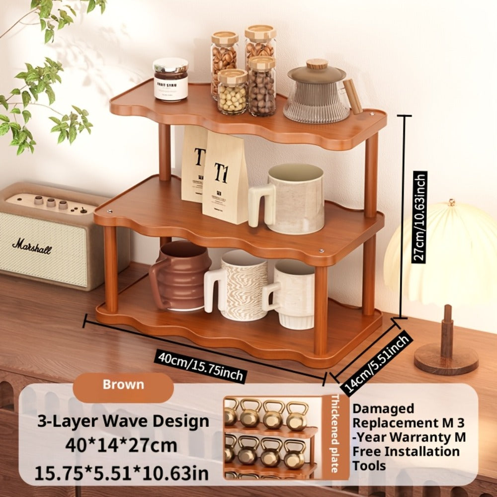 Ladder Cup Holder Rack 2-3 Tier Wave Style | Countertop Organizer for Coffee Mugs Teacups Water Glasses | Kitchen Counter Dining Table Entryway Dessert Display Shelf Brown