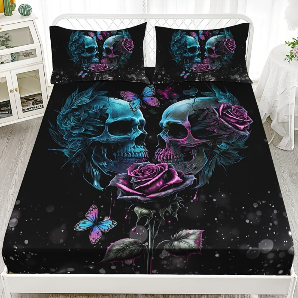 Gothic Skull Rose Fitted Sheet Set 3-Piece Halloween Bedding, HD Print Skull Flower Deep Pocket Fitted Sheet with 2 Pillowcases, Machine Washable Hypoallergenic, Twin Full Queen King, Bedroom Dorm Decor