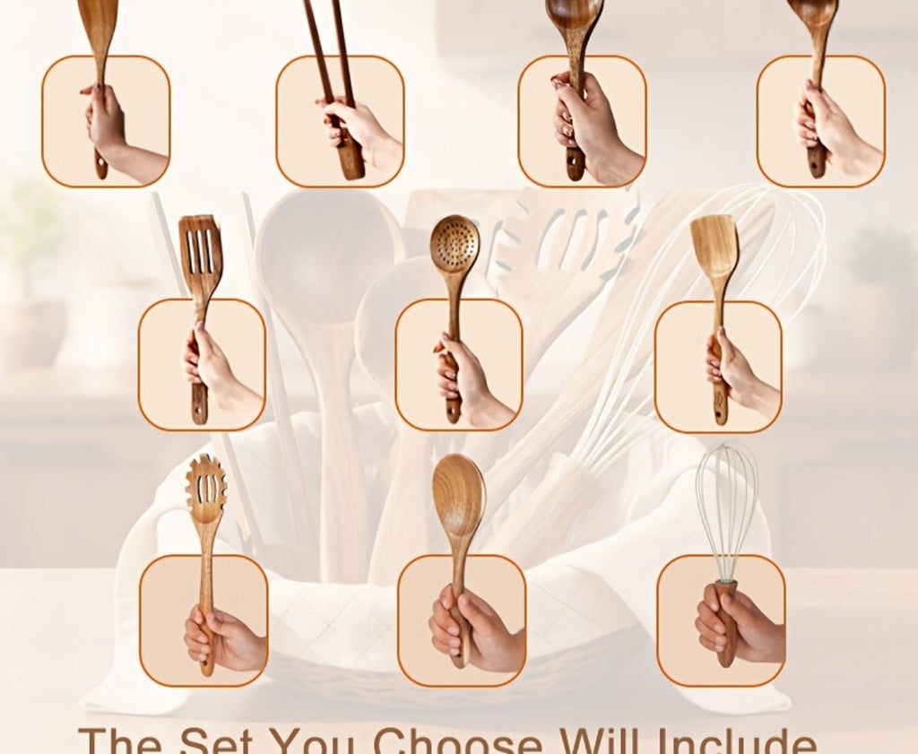 Wooden Kitchen Utensils Set 3/5/7Pcs ¨C Natural Wood Spoons, Spurtle, Ladle & Wok Spatulas for Non-Stick Pans | Heat Resistant, Ergonomic Handle, Easy to Clean