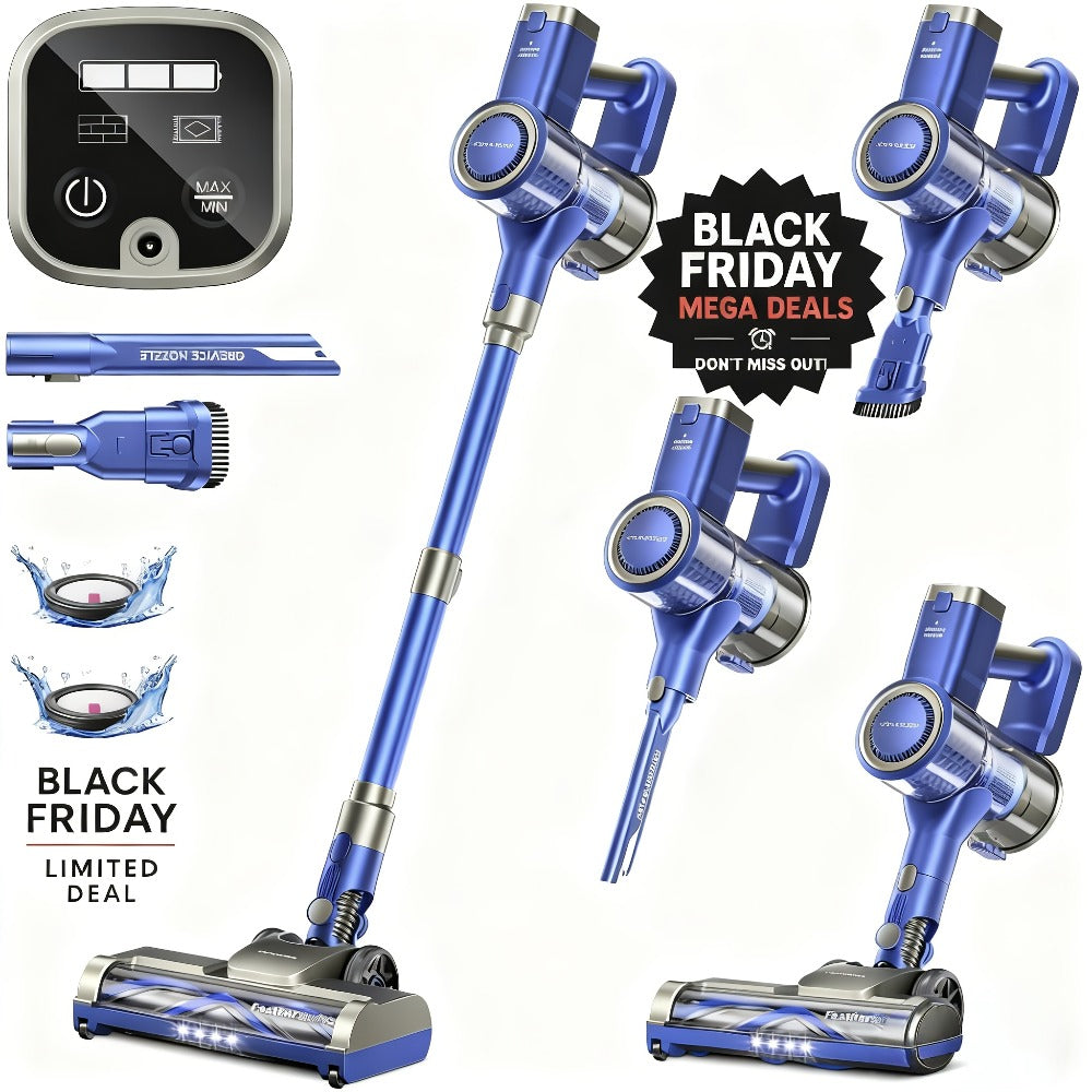 Cordless Vacuum Cleaner 46KPA Powerful Suction Lightweight Detachable Battery Anti-Tangle V-Shaped Brush 6-Stage Filtration 1.8L Dust Cup for Hard Floor Carpet Pet Hair Home