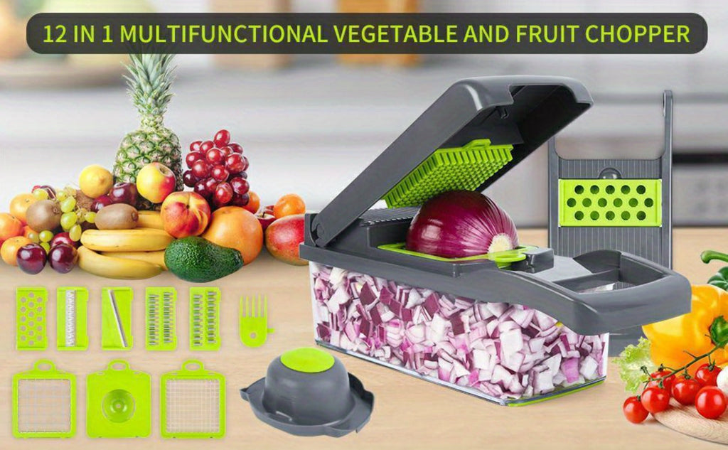 Vegetable Chopper 16-in-1 Manual Food Chopper Set ¨C 8 Interchangeable Blades with Container, Grater & Strainer ¨C Professional Onion Slicer & Dicer for Carrots, Garlic & Salad Kitchen Prep