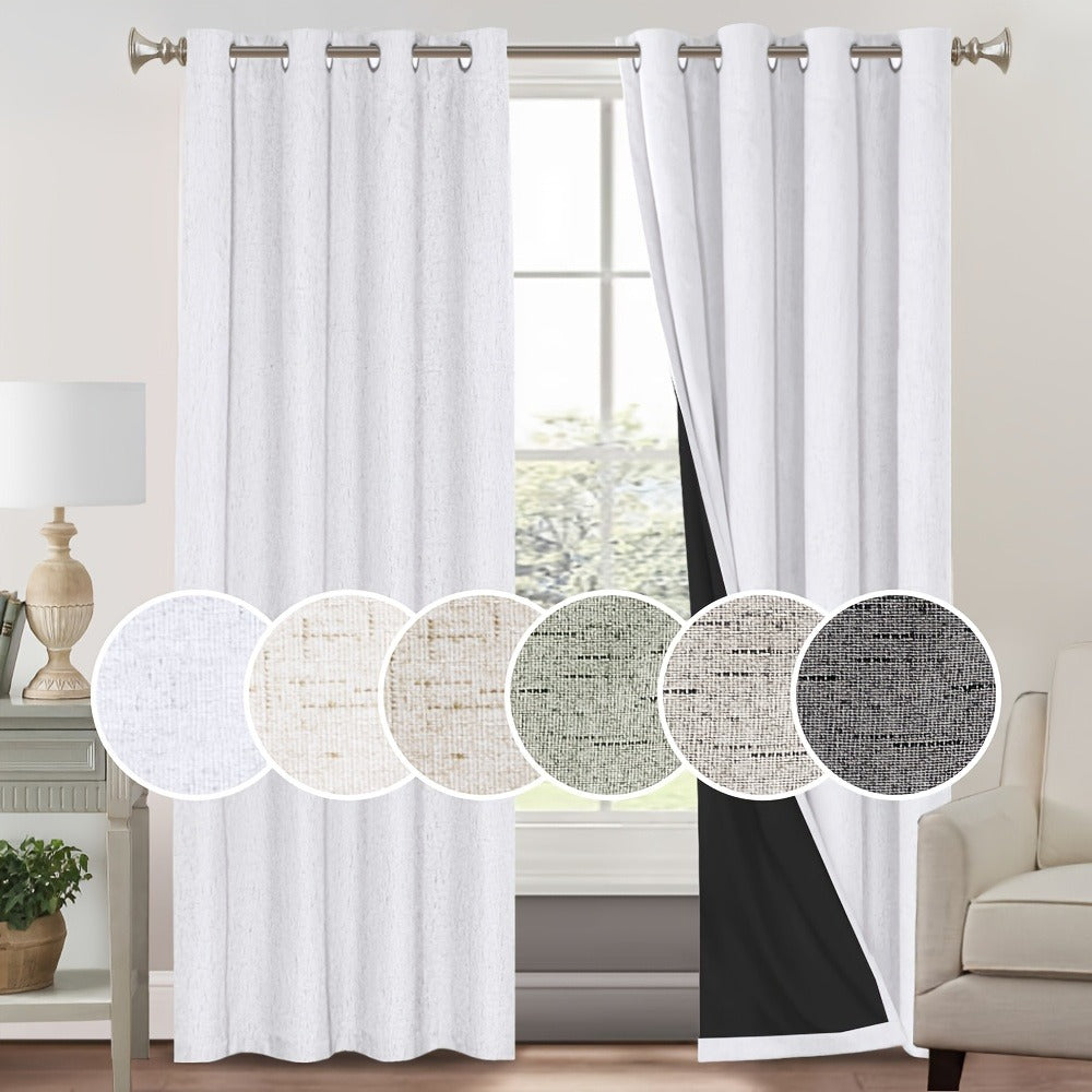Blackout Curtains 2 Panels 100% Blackout Linen Textured Thermal Insulated Grommet Window Drapes Noise Reducing for Bedroom Living Room Hall - Full Light Blocking Room Darkening Curtains