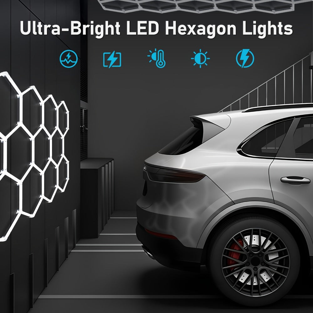LED Hexagonal Garage Light 6500K ¨C Super Bright Daylight White Shop Light 42W¨C620W for Auto Detailing, Warehouse, Workshop, Basement & Gym (1 to 32 Grids, Hex Frame Available)