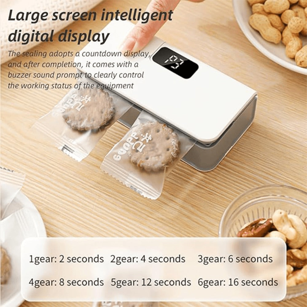 Portable Mini Bag Sealer USB Rechargeable ¨C Handheld Food Sealer with Built-In Cutter for Fruits, Vegetables, Snacks & Chips ¨C Compact Kitchen & Outdoor Picnic Sealing Tool, White & Blue