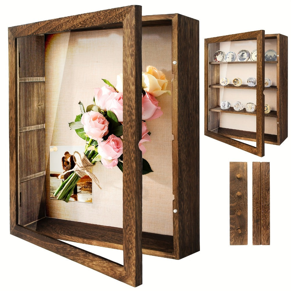 Shadow Box Frame 11x14 Large Memory Display Case with Linen Back - 4 Removable Shelves for Medals, Coins, Rings, Pins, Photos & Flowers | Deep Shadow Box for Collections, Country Farmhouse Style
