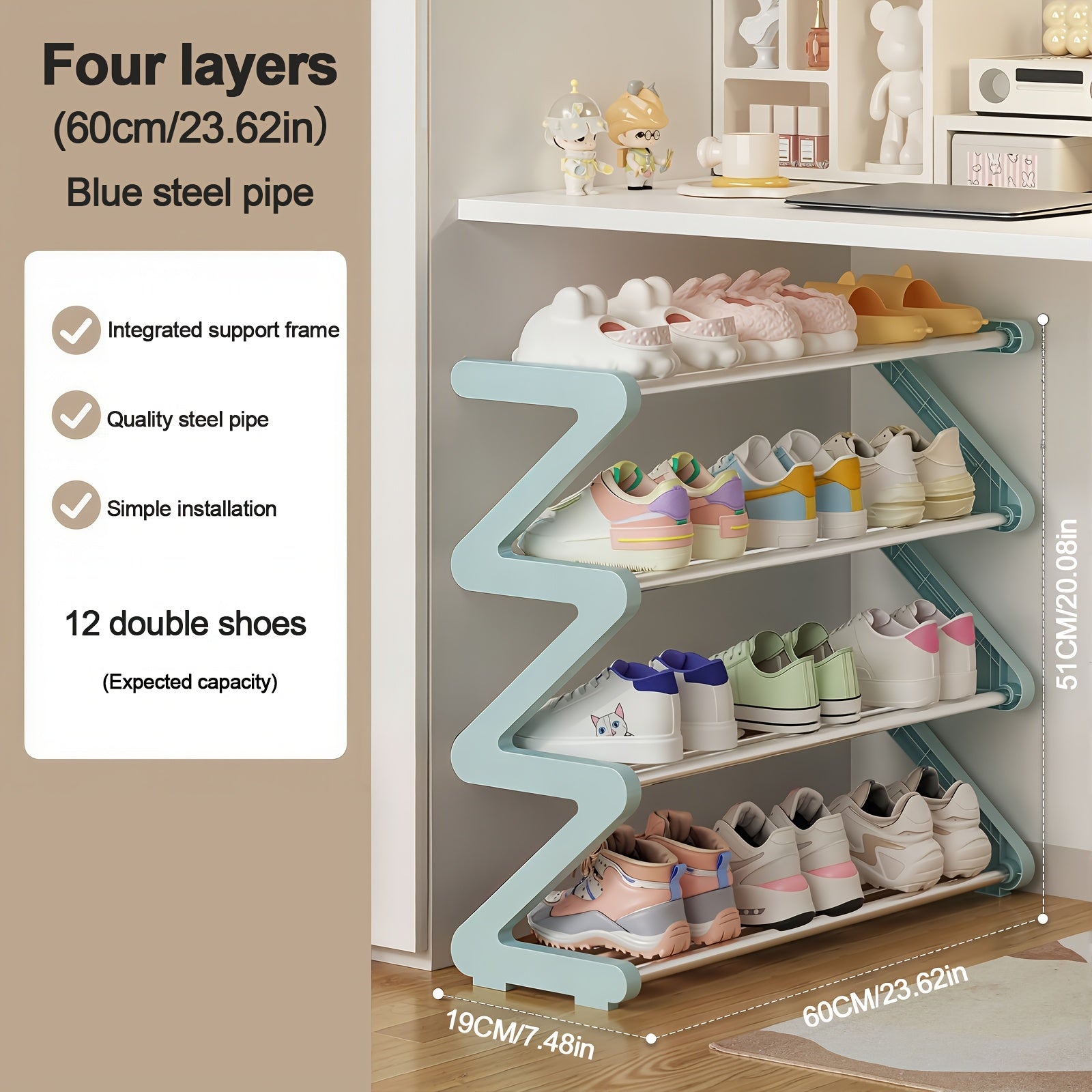 4-Tier Shoe Rack Upgraded Metal Tubes ¨C Multi-Layer Shoe Storage Organizer with Thickened Plastic Parts for Entryway, Doorway, Bedroom, Hallway & Dorm ¨C Graphite Black, Pink, Gray & Blue