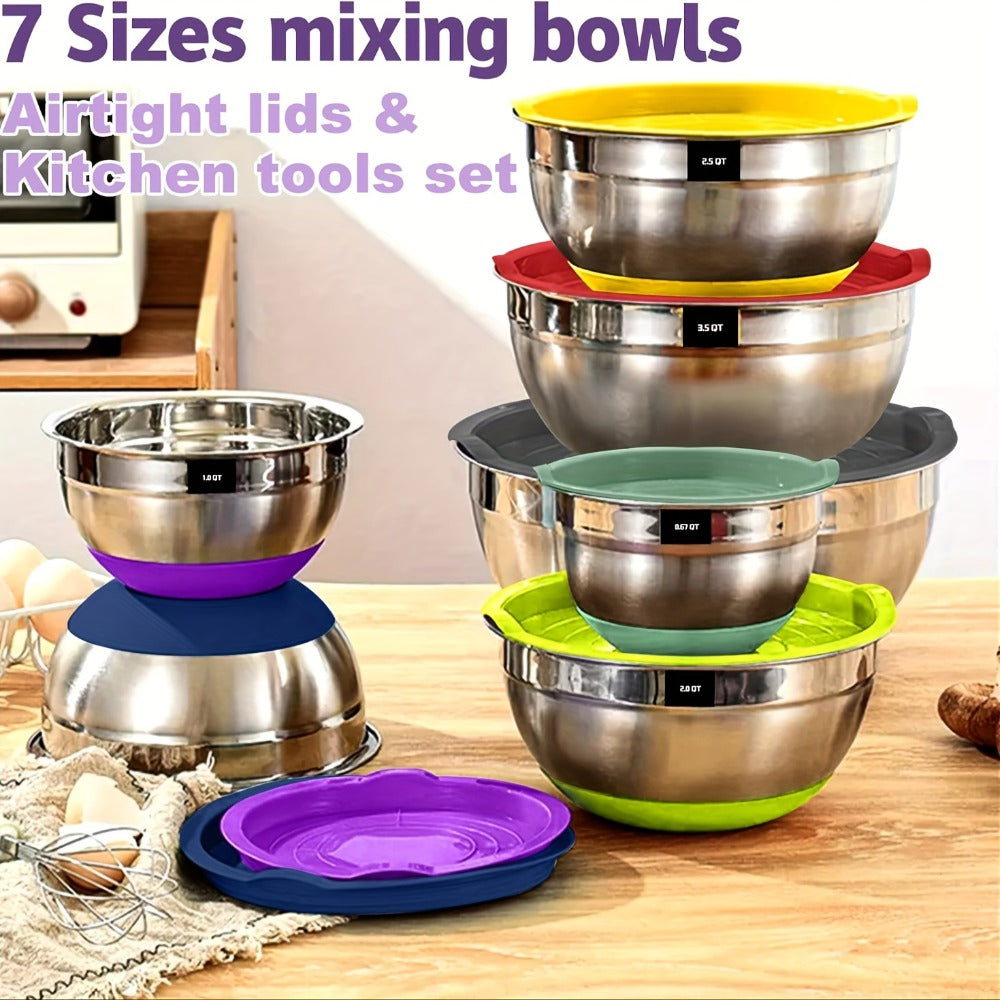 Stainless Steel Mixing Bowls with Airtight Lids 20-Piece Set ¨C Non-Slip Silicone Bottom, Nesting Bowls in 7 Sizes (0.67¨C7 QT) for Mixing, Baking & Serving ¨C Kitchen Bowl Set with Lids