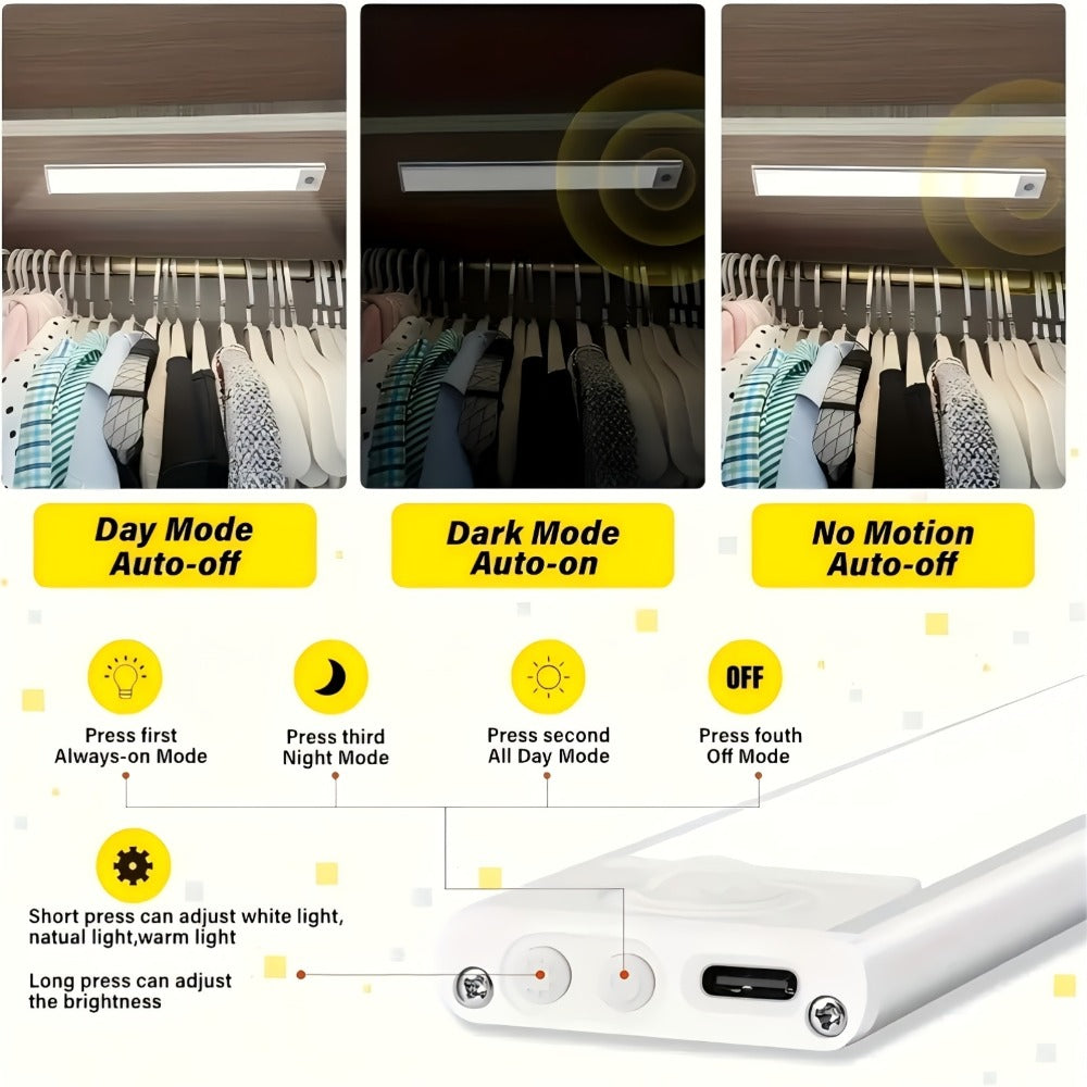 Motion Sensor Under Cabinet Lights 2 Pack | Wireless USB Rechargeable Dimmable 3 Color Temperatures Stick-On Magnetic LED Light for Kitchen Cabinet Wardrobe Stairs Cupboard