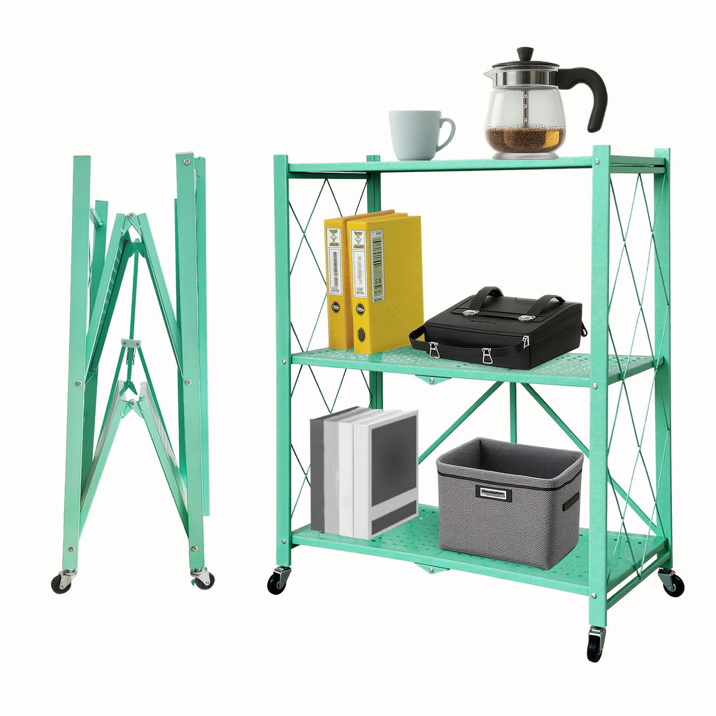 Foldable Storage Rack with Lockable Wheels 3 4 5 Tier Carbon Steel No Assembly Space Saving Floor Standing Shelf for Bedroom Balcony Garden