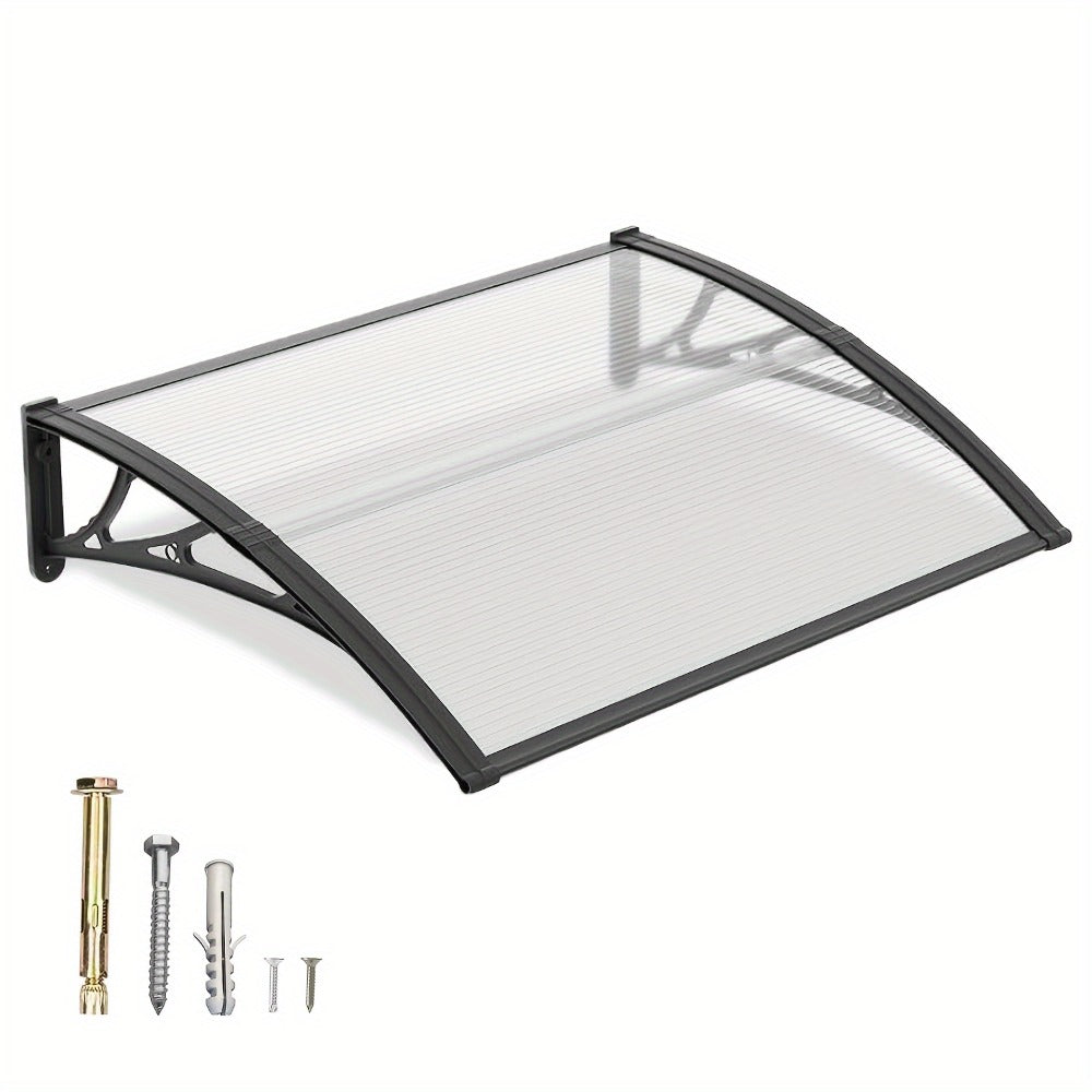 Polycarbonate Window Awning Door Canopy - UV Rain Snow Sun Protection Overhang for Doorways, Patio & Windows, Multiple Sizes, Black/Gray Bracket with Blue/Clear/Brown Board