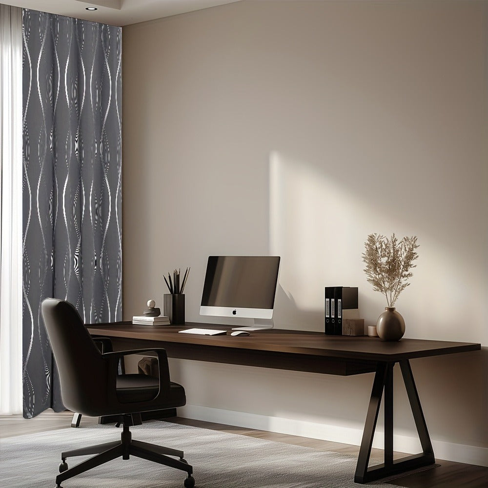 Thermal Insulated Blackout Curtains 2 Panels Wave Line Foil Print Noise Reducing Room Darkening Drapes for Bedroom Living Room Patio Sliding Glass Door