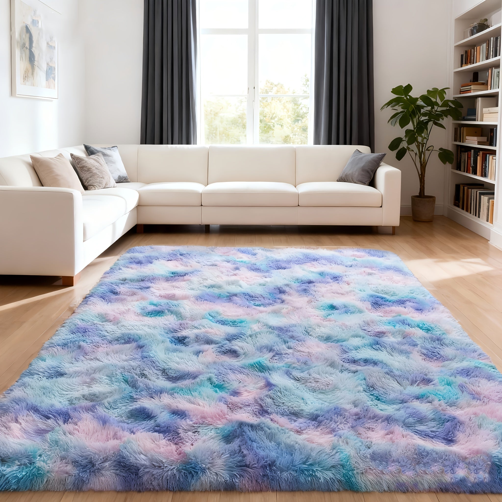 Tie Dye Rainbow Purple Shag Area Rug Non-Slip Machine Washable Carpet Multiple Sizes Living Room Bedroom
