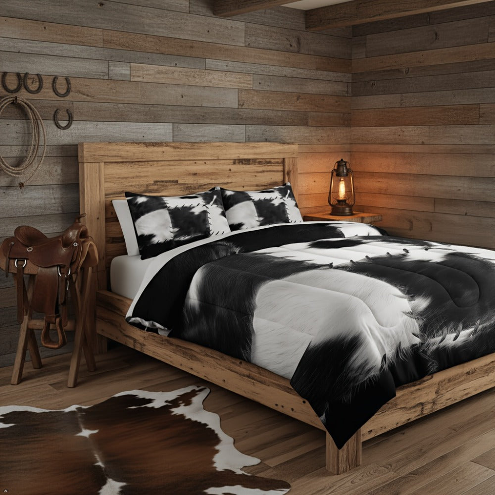 Cowhide Print Comforter Set 2/3pcs, Farmhouse Western Faux Animal Fur Bedding, Patchwork Cow Skin Quilt Set for All Beds, Soft Cozy Grey White