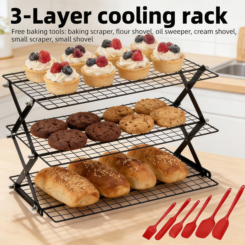 Foldable Cooling Rack Set ¨C Stackable Oven Cookie Cake Drying Rack with Free Baking Tools (Silicone Spatula, Egg Beater, Tongs, Brush) | 3/4/5 Tier Options for Kitchen, Camping & Holiday Baking