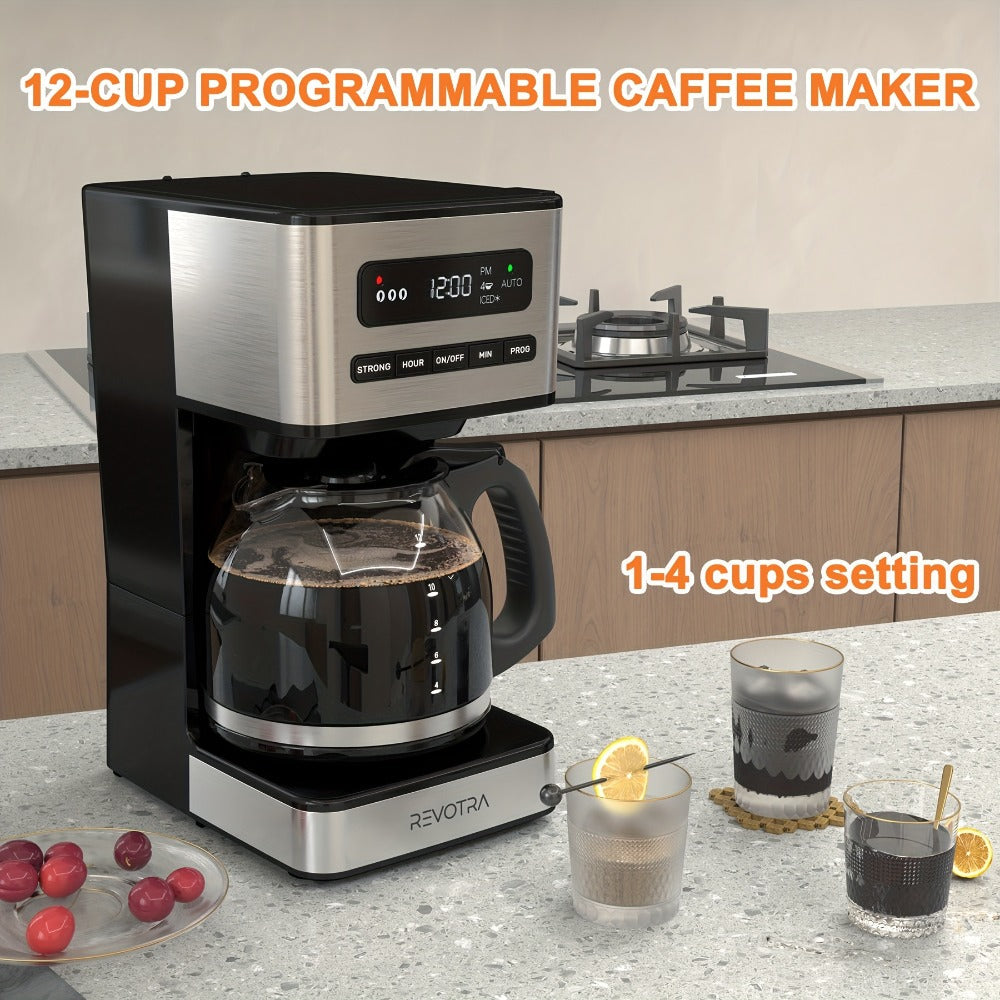 12-Cup Programmable Drip Coffee Maker, Regular & Strong Brew, Iced Coffee Setting, 1-4 Cup Mode, 24H Timer, Auto Shut-Off, Keep Warm, Pause & Serve, Black