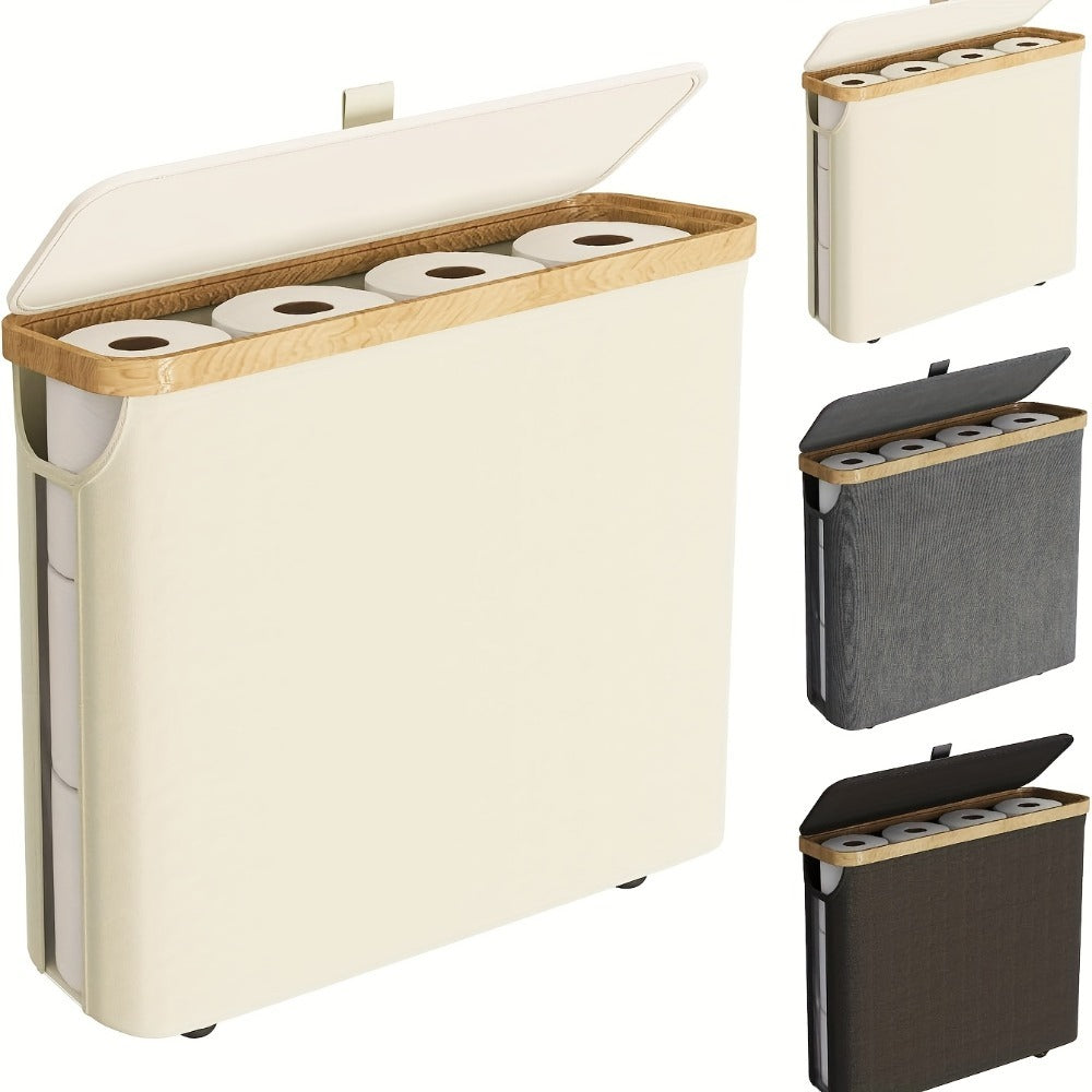 Toilet Paper Storage Basket with Bamboo Lid ¨C Large Capacity Holds 9-12 Rolls | 600D Oxford Cloth Dustproof Bathroom Organizer | Modern Farmhouse Tissue Roll Holder for Bathroom