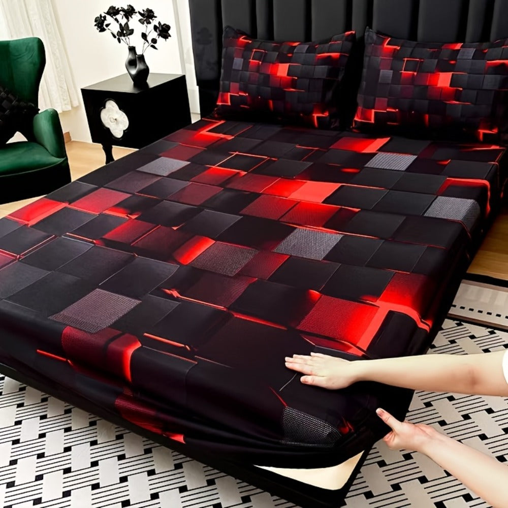 Fitted Sheet Set 3 Piece Digital Print Plaid - Deep Pocket 15 Inch Bed Sheet with 2 Pillowcases, 85% Polyester Soft Breathable Bedding Set for Twin Full Queen King, All Season Mattress Cover
