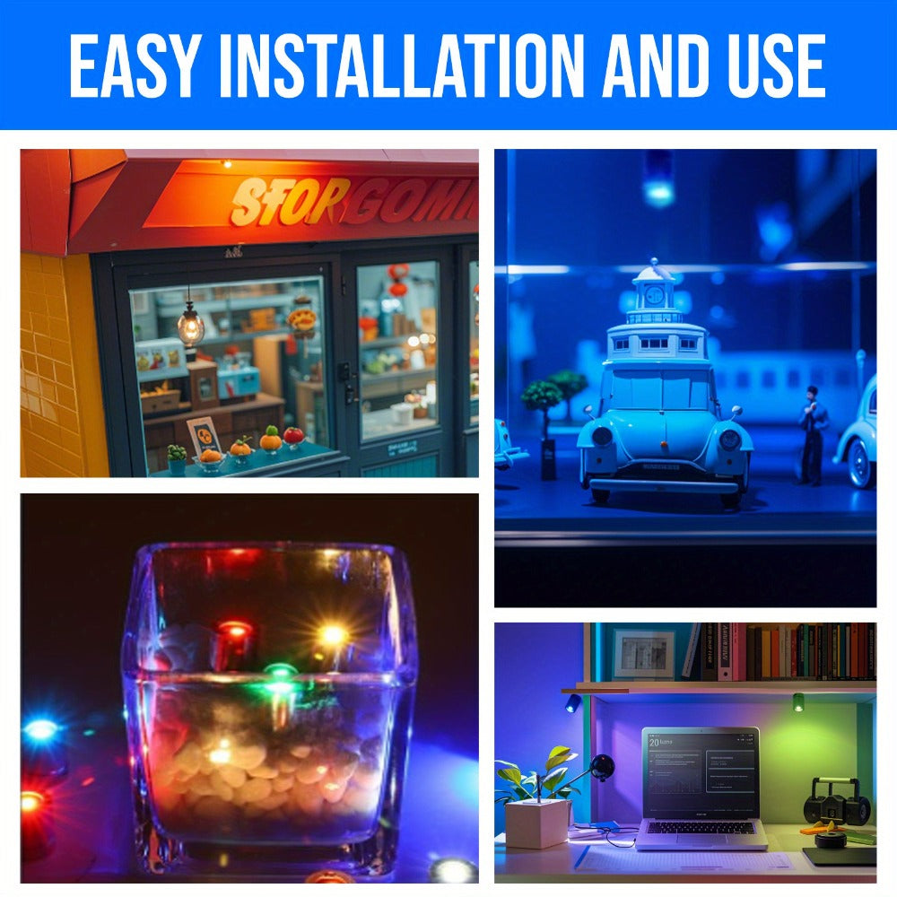 Mini Spotlight Battery Operated LED 20 Pack - Cordless Miniature Spot Lights for Artwork, Paintings, Jewelry, Display Cases, Handicrafts, Models & Puzzles (Green / Red / RGB / Blue)
