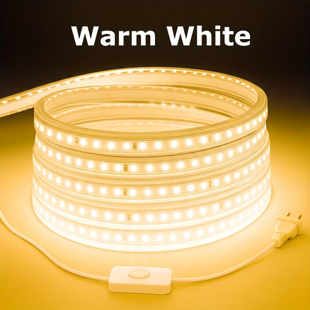 Waterproof LED Strip Lights 110V AC, IP65 120LEDs/Meter Ultra Bright LED Tape Light, Plug and Play Adhesive LED Ribbon for Outdoor Indoor Kitchen Garden Home Room Decoration, Warm White & Cool White