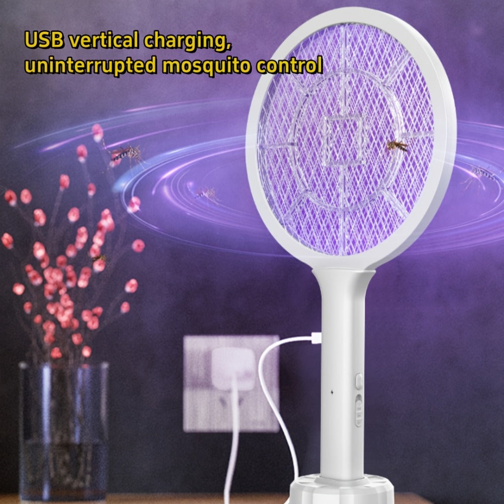 Electric Mosquito Swatter Racket Bug Zapper with LED Night Light & USB Charging, Handheld Insect Killer with Base Stand, Dual Mode Mosquito Lure Lamp for Home, Office & Outdoor Use