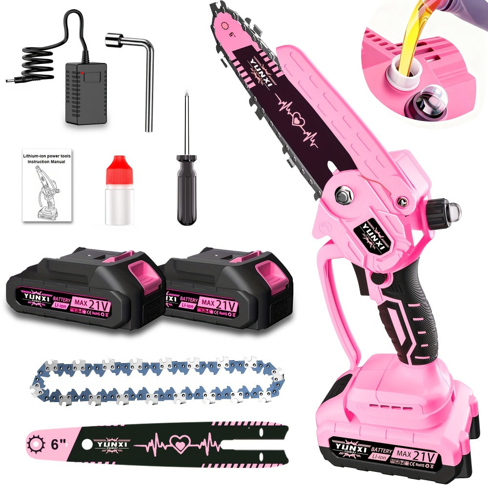 Mini Chainsaw 6 Inch 21V Cordless Battery Powered | Handheld Electric Chain Saw for Tree Branch Trimming Wood Cutting | Lightweight Portable Pruning Saw Pink