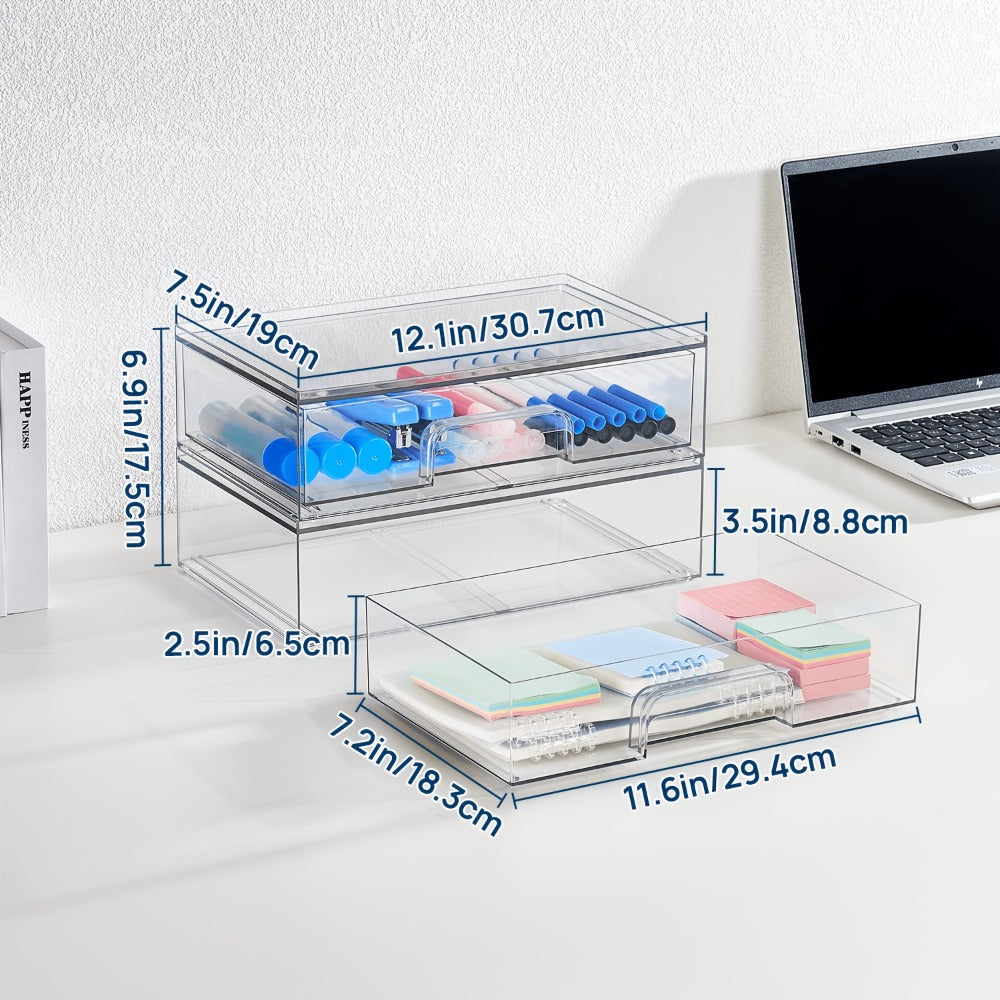 Clear Stackable Desk Drawer Organizer, Acrylic Plastic Storage Bins for Office Desk Organization, Transparent Drawer Divider Bins for Home, Studio & Vanity Table, 2 or 4 Pack Wide Organizer Trays