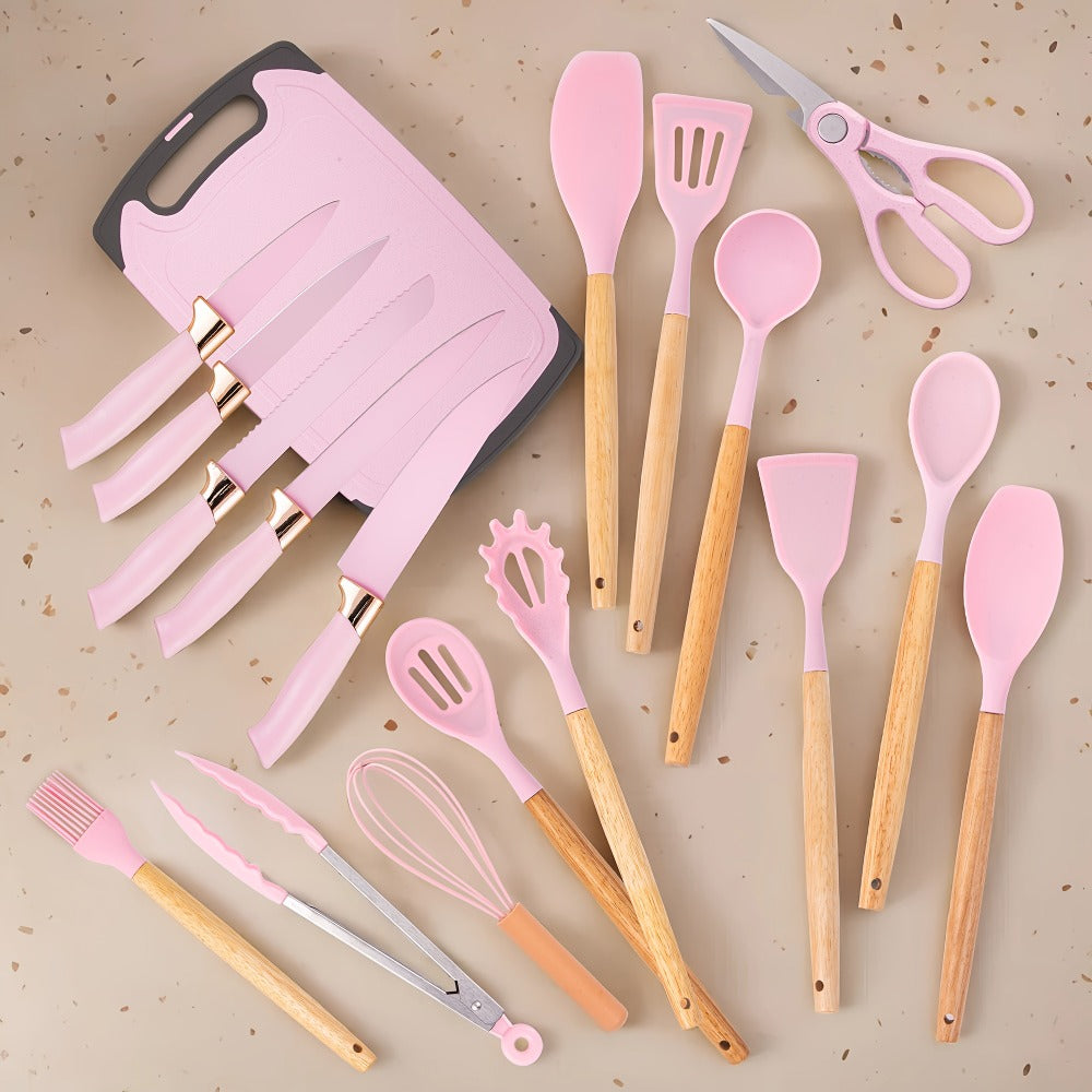 19-Piece Kitchen Knife & Utensil Set with Wooden Handles, Non-Stick Blades, Silicone Cooking Tools, Cutting Board, Scissors & Holder