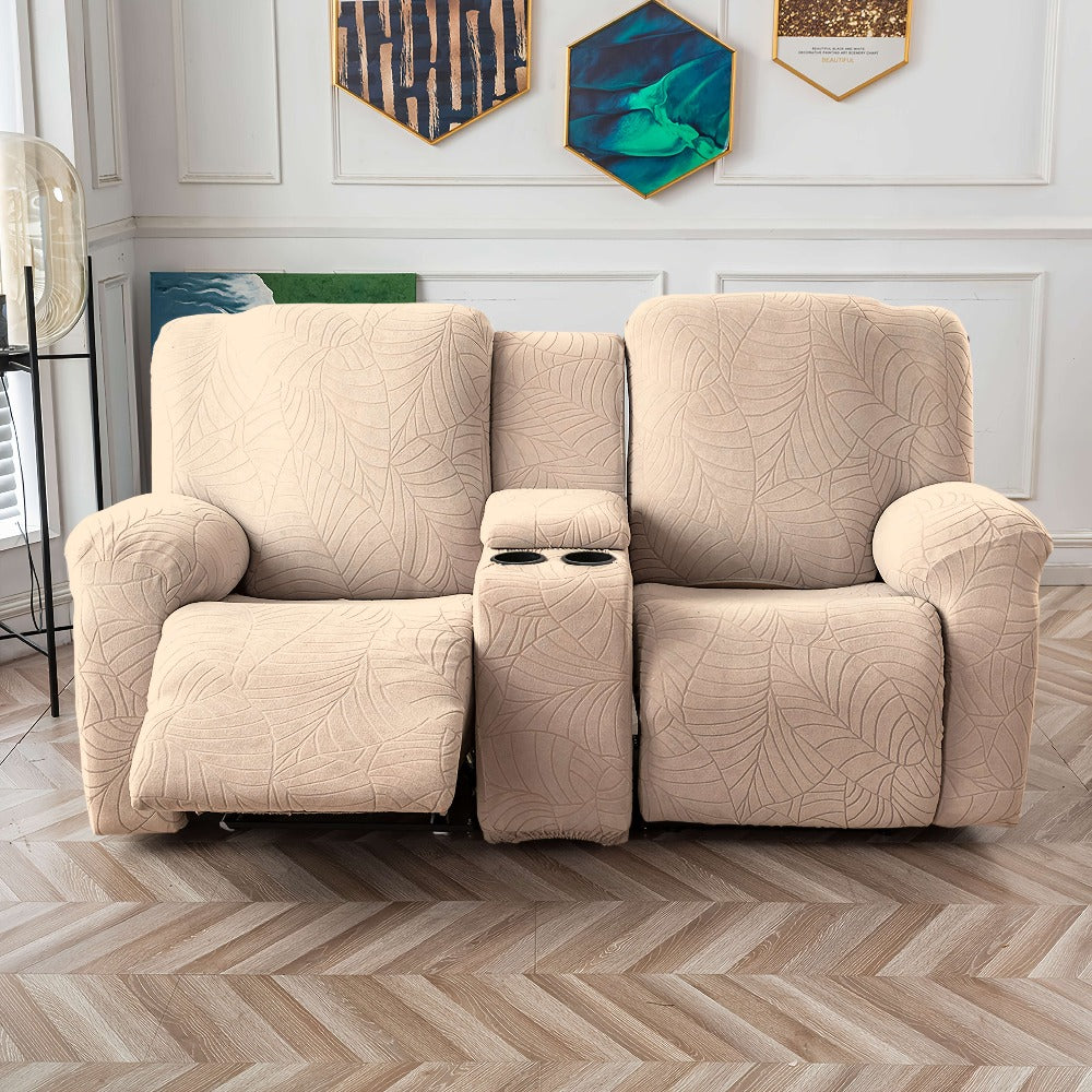 Jacquard Stretch Sofa Recliner Cover Big Leaves - High Stretch Soft Washable Slipcover for 1 2 3 Seat Loveseat with Console Furniture Protector Home Decor, 6 Colors