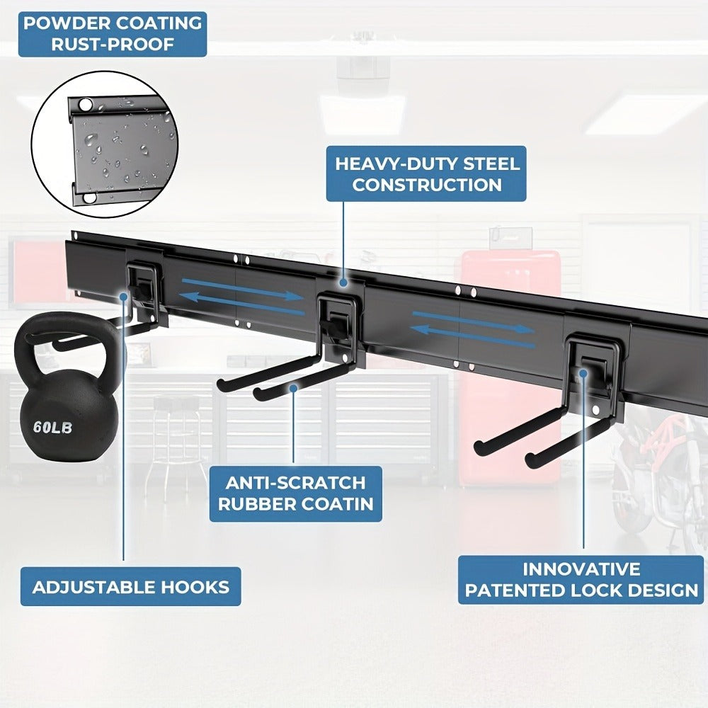 Garage Tool Organizer Wall Mount 48¡± ¨C Heavy Duty Pegboard with Adjustable Swivel Hooks, 1 Double Hook & 5 Straight Hooks, Holds 420lbs, Broom Holder for Yard Tools, Shovels, Hoses & Garden Equipment