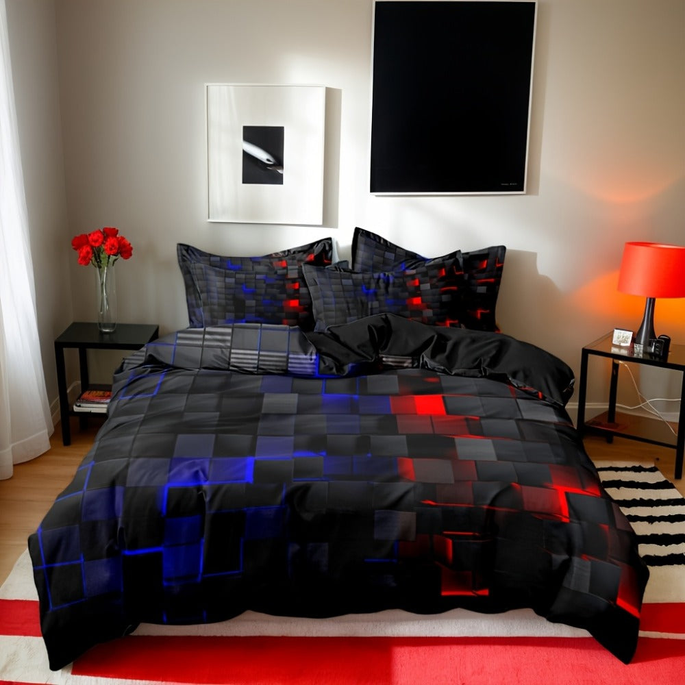 Duvet Cover Set Queen King Twin Full 3D Geometric Cube Print | 3-Piece Polyester Bedding Set | Black Blue Grid Pattern | All-Season Soft Quilt Cover + 2 Pillowcases | Machine Washable