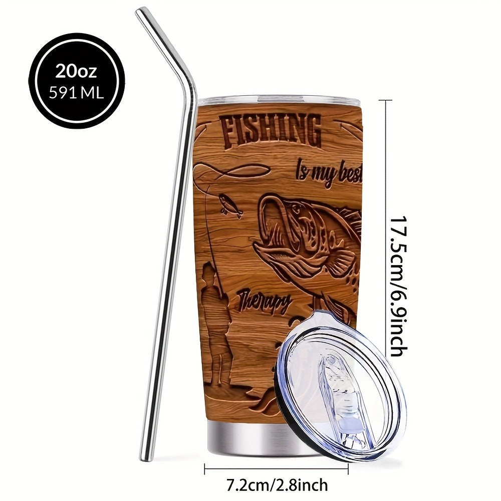 Fisherman Graphic Insulated Tumbler 20oz 304 Stainless Steel with Lid and Straw Travel Cup for Hot Cold Drinks Camping Drinkware Gift for Dad Birthday Fathers Day Brown