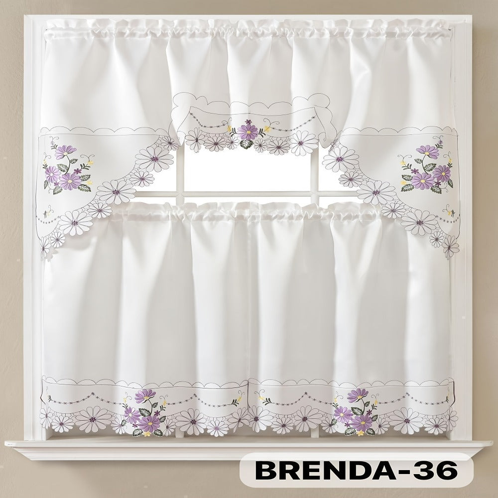 Kitchen Curtains 3 Piece Set Embroidered Satin Valance and Tiers - Rod Pocket Light Filtering Machine Washable 46 Colors Available All Season Home Decor