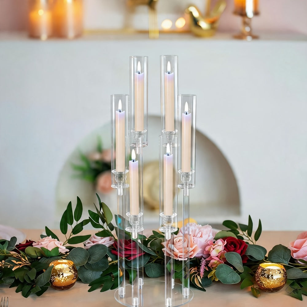 Acrylic Candelabra 6-Arm Candlestick Holder 26.8 Inch Clear Crystal Candle Holders Bulk for Wedding Table Centerpieces, Party Home Decoration, Valentine's Day Anniversary Christmas