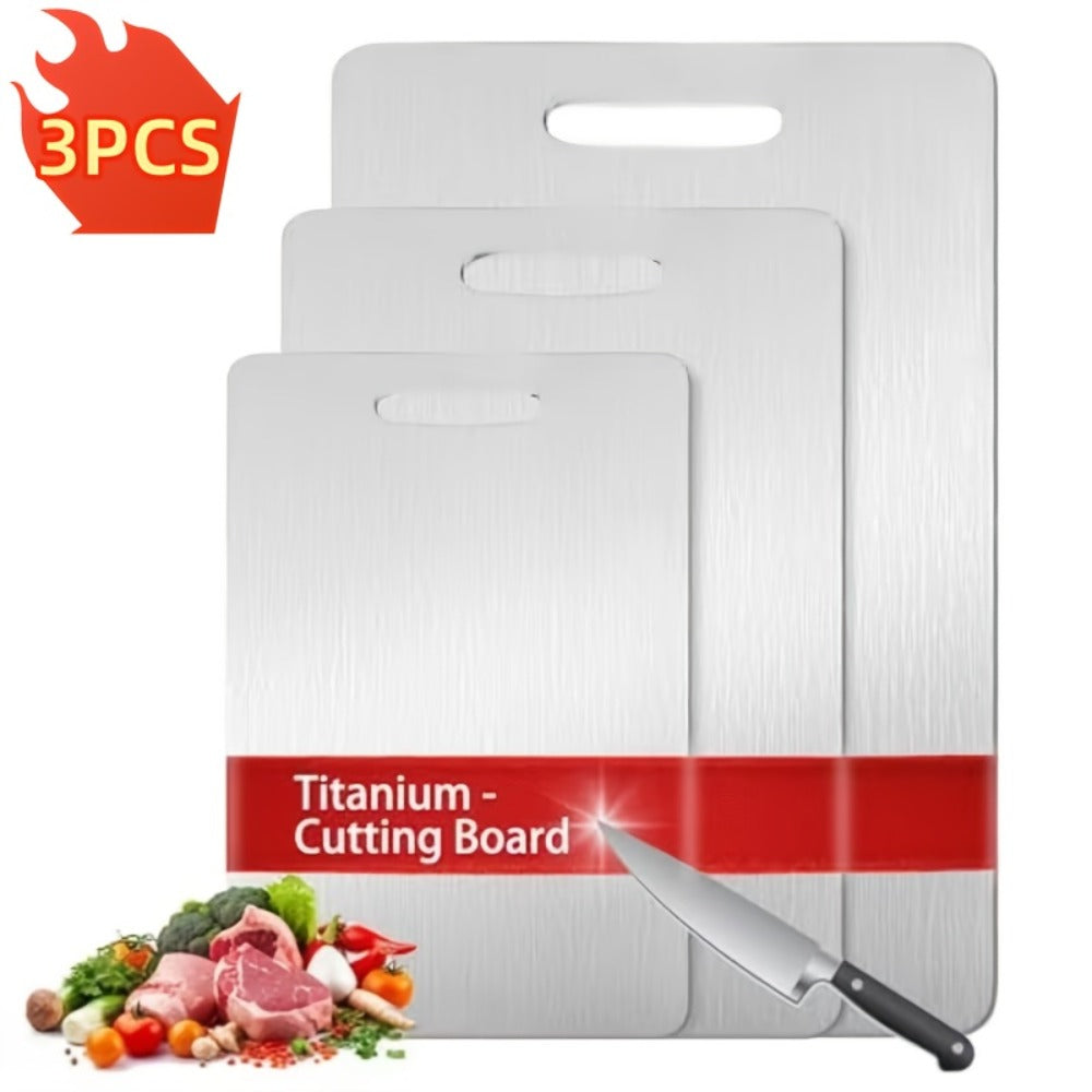 Titanium Cutting Board Set 3-Piece Heavy Duty BPA-Free Kitchen Prep Boards | Rust-Resistant Hook Handles Rounded Edges Space-Saving Design | Durable Metal Boards for Meat Vegetables Fruits BBQ Gift