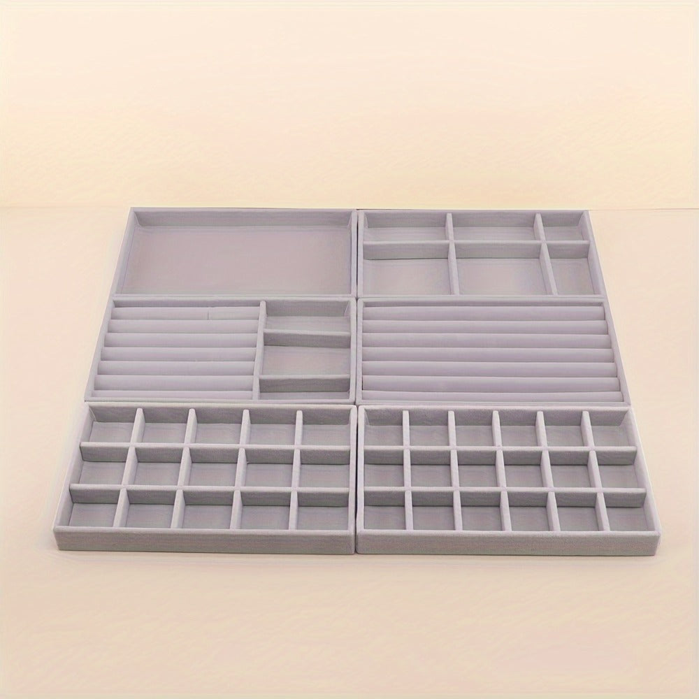 Stackable Jewelry Organizer Trays 6-Piece Set ¨C Rectangular Multi-Compartment Drawer Inserts with Removable Dividers for Earrings, Rings, Necklaces & Bracelets ¨C Tabletop Jewelry Display Case Storage