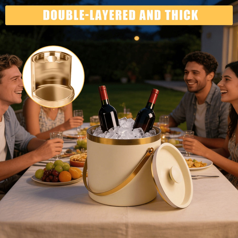 Stainless Steel Ice Bucket with Lid 44oz, 3-Layer Vacuum Insulated Large Ice Bucket with Ice Spoon & Drain, Mirror Finish, for Party Bar Picnic, White