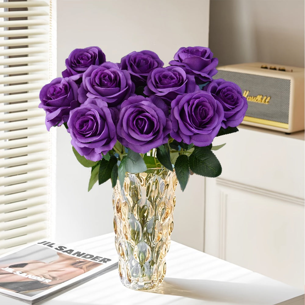10pcs Artificial Silk Roses Bulk - Fake Flowers for Wedding Home Decor, 19.69¡± Long Stem, Deep Purple & Dark Green