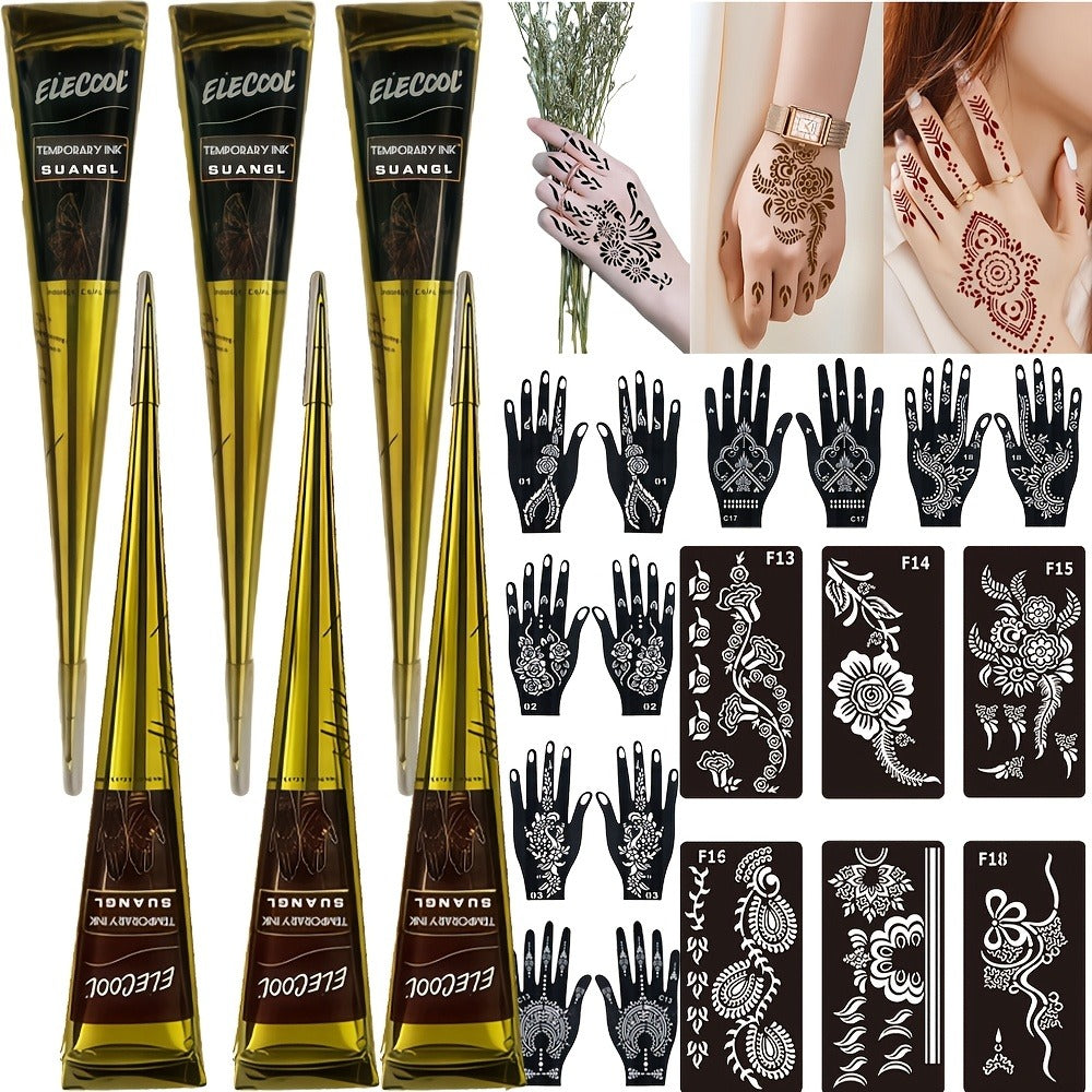 Temporary Semi-Permanent Tattoo Paste Kit - Waterproof Body Art Gel in Brown & Black with Tattoo Templates, Safe Non-Irritating Henna-Style Ink for Parties, Festivals, Cosplay & Daily Decoration