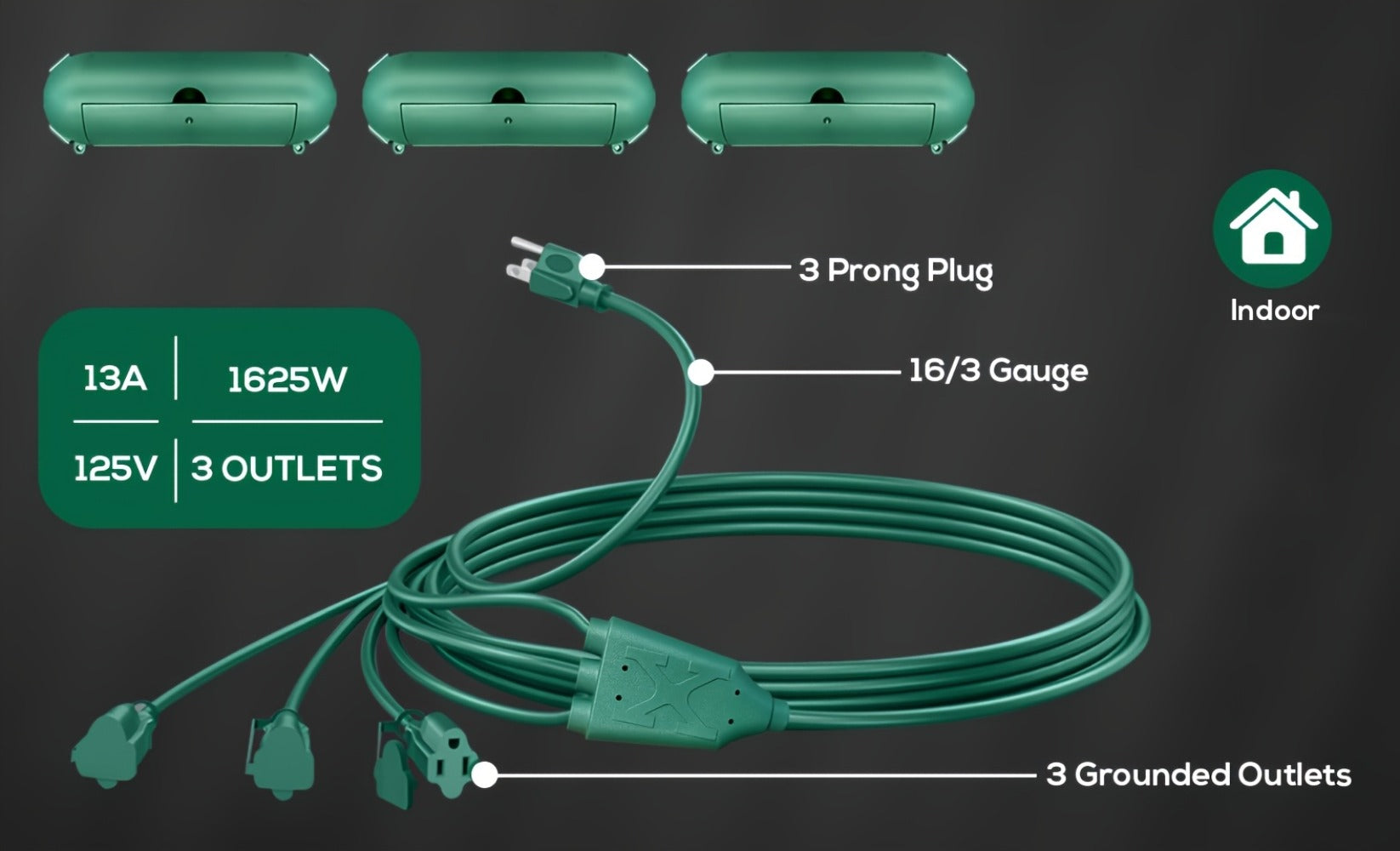 Extension Cord Splitter 1 to 3 Outlets 25FT 50FT 16/3 SJTW Pure Copper Core UV-Resistant PVC Jacket 3 Grounded Outlets for Holiday Decoration Christmas Lights Outdoor Indoor Patio Garden Black Green