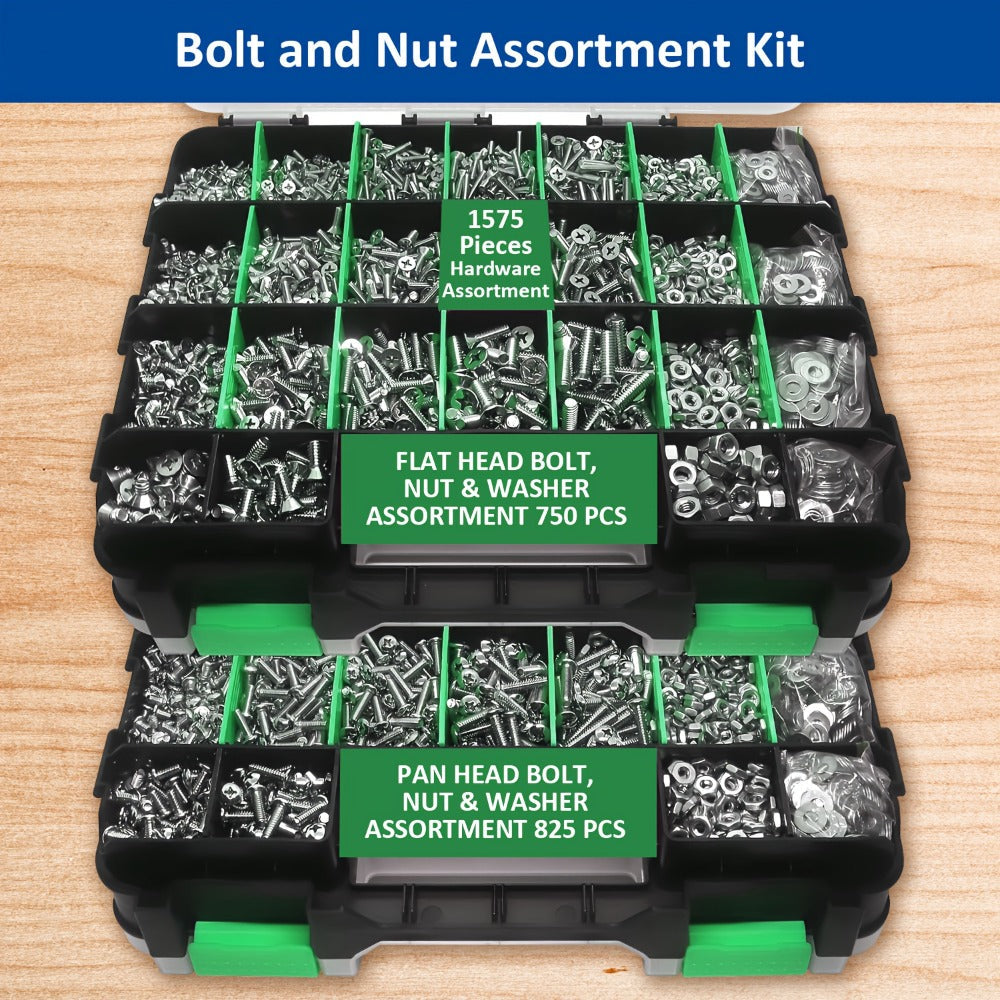 1575pcs 304 Stainless Steel Nuts and Bolts Assortment Kit ¨C Pan Head Flat Head Screws Nuts Washers with Double-Sided Storage Box for Home & Mechanical Repairs