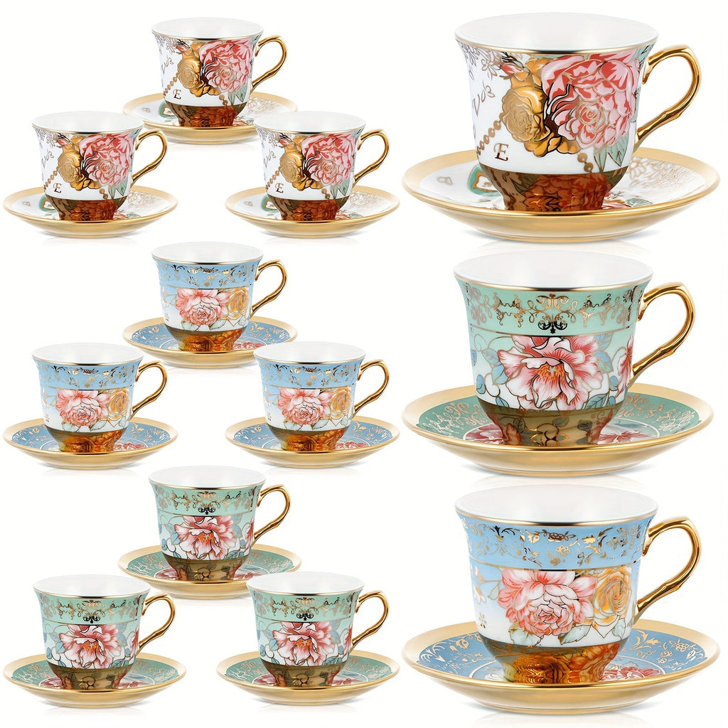 Floral Porcelain Tea Cups and Saucers Set of 12 ¨C 5.4 Oz British Style Tea Party Cups ¨C Classic Elegant Gift for Women ¨C Perfect for Birthday, Mother's Day, Church & Tea Parties