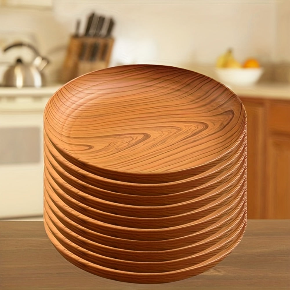 10pcs Wood Grain Dinner Plates Set - Round Striped Plastic Serving Trays for Home Kitchen Dessert Shop Restaurant | Fruit Tray Tea Tray Cake Plate Snack Dish