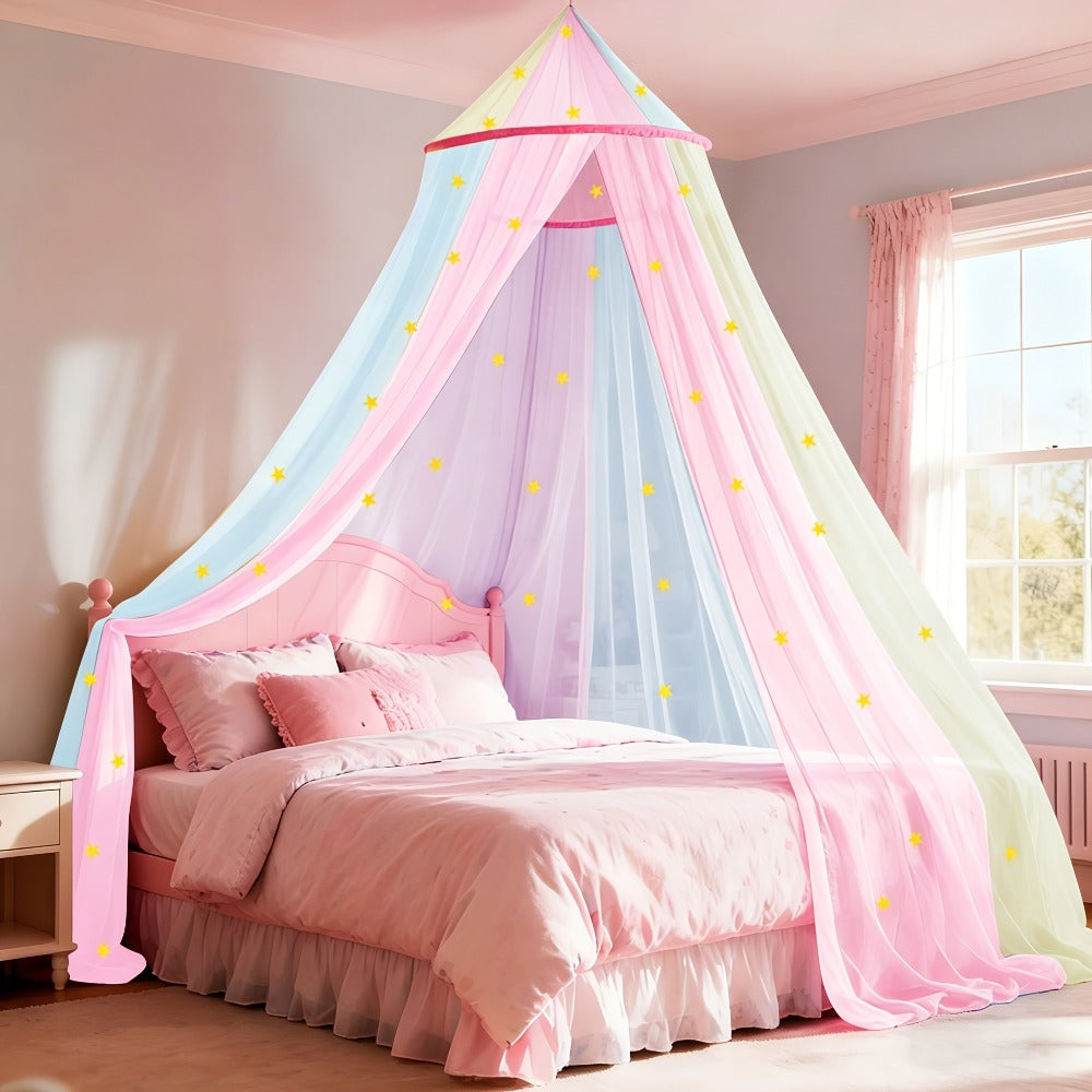Bed Canopy for Girls Princess Rainbow Glow in the Dark Stars Colorful Canopy Curtain Fits Single Full Queen Size Bed Kids Room Decor Ceiling Tent Netting Machine Washable