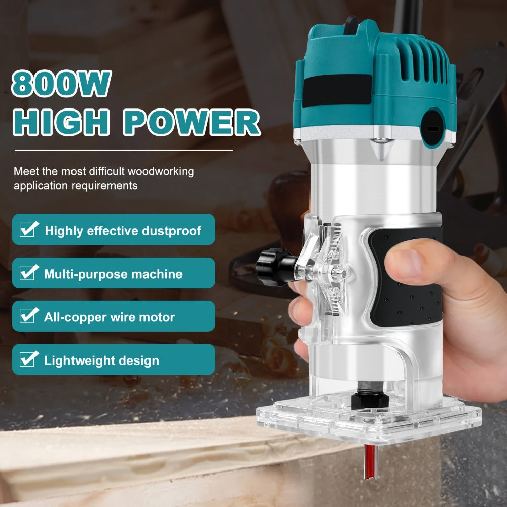 Wood Router Laminate Trimmer 800W Electric Hand Trimmer, 110V 30000 RPM Woodworking Router Tool for Slotting Trimming Carving Milling Engraving, ABS & Aluminum Alloy Body, Compact & Lightweight