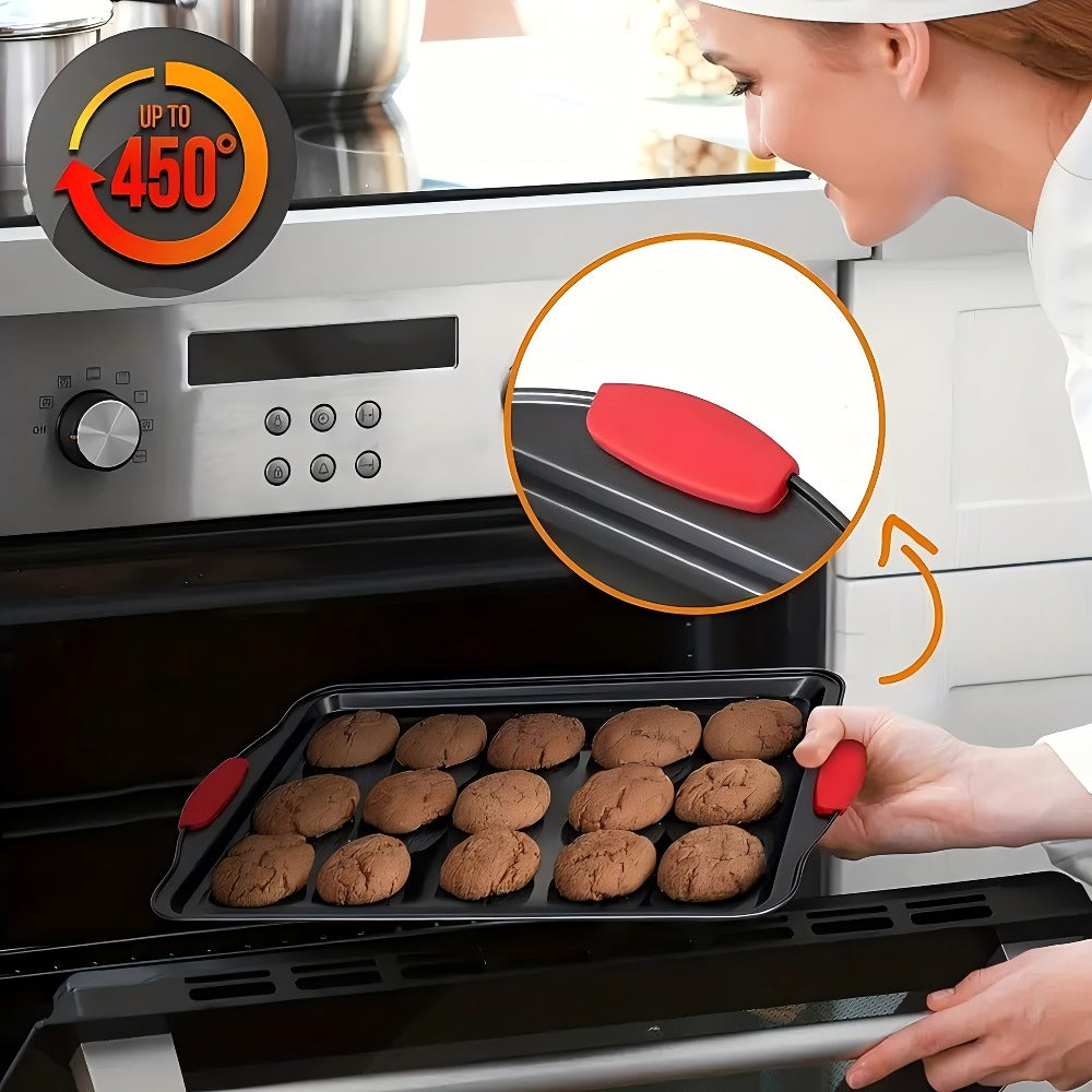 Nonstick Baking Pan Set of 3, Carbon Steel Baking Sheets with Red Silicone Handles, Double-Sided Non-Stick Coating, Oven & Toaster Safe, Professional Bakeware for Home & Commercial Kitchen Use